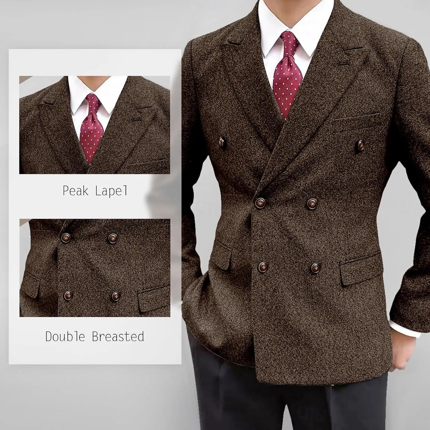 Men's Vintage Tweed Jacket Blazer Two Buttons Double Breasted Sports Coat with Pockets Wedding Groomsmen Prom