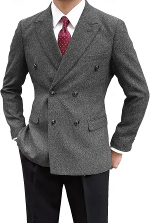 Men's Vintage Tweed Jacket Blazer Two Buttons Double Breasted Sports Coat with Pockets Wedding Groomsmen Prom