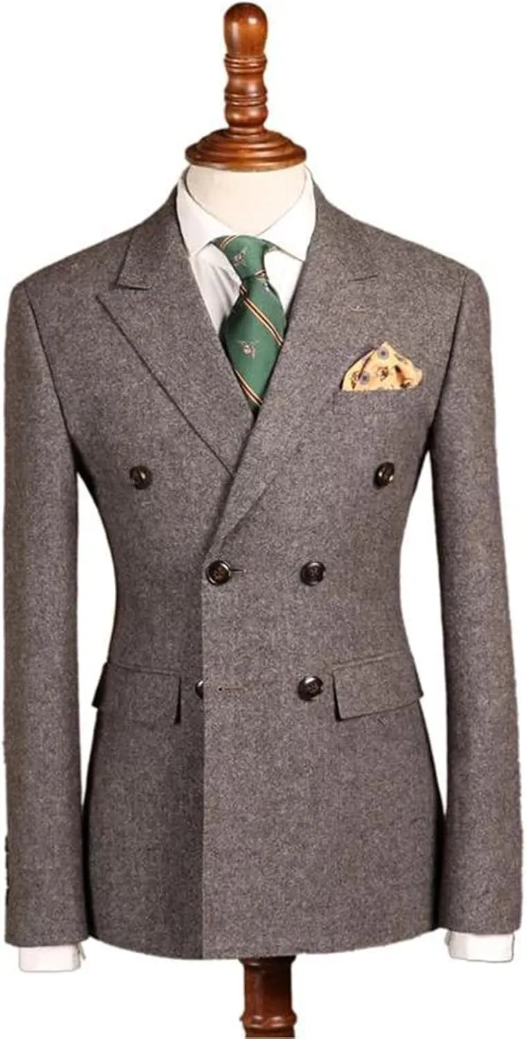 Men's Vintage Tweed Jacket Blazer Two Buttons Double Breasted Sports Coat with Pockets Wedding Groomsmen Prom
