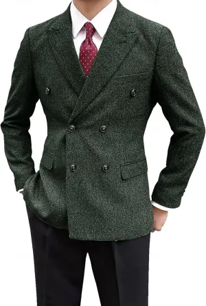 Men's Vintage Tweed Jacket Blazer Two Buttons Double Breasted Sports Coat with Pockets Wedding Groomsmen Prom