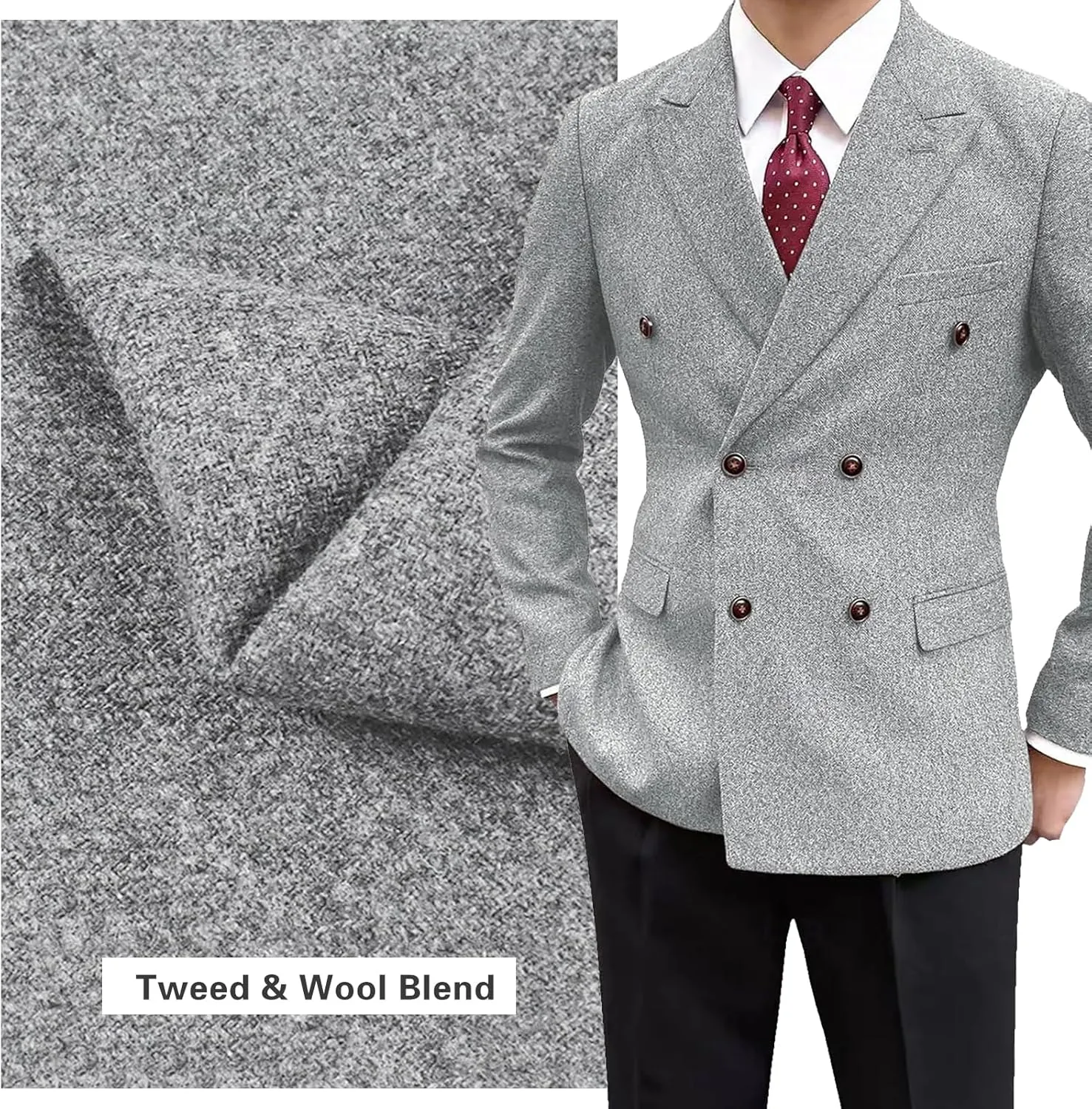 Men's Vintage Tweed Jacket Blazer Two Buttons Double Breasted Sports Coat with Pockets Wedding Groomsmen Prom