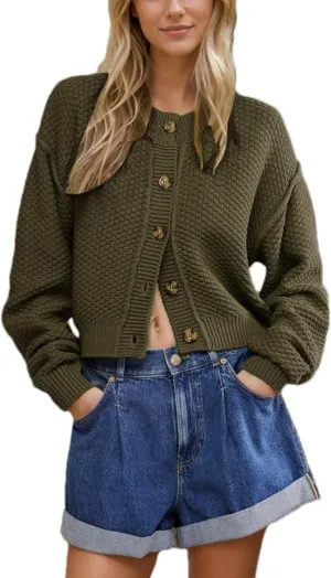 Mingzhu Womens Cardigan Sweaters Cropped Cable Knit Sweater Casual Button Down Open Front Chunky Cardigan