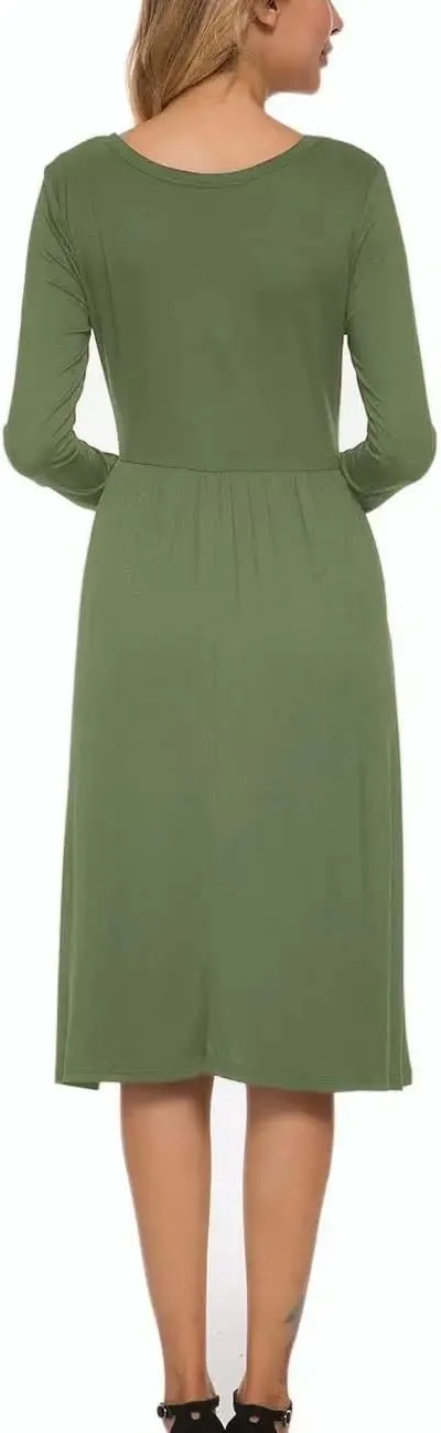 MISFAY Women's Long Sleeve Midi Dress Loose Casual Empire Waist Dresses with Pockets
