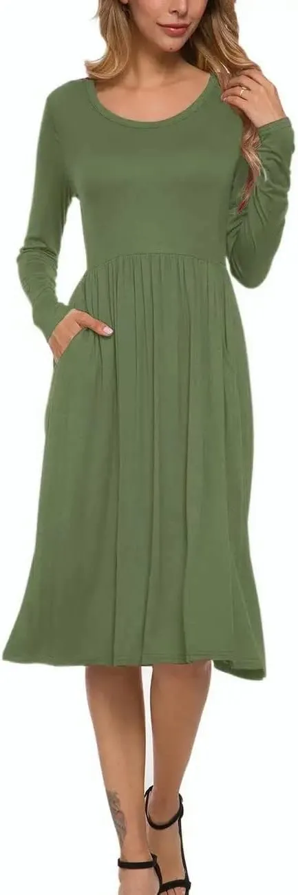 MISFAY Women's Long Sleeve Midi Dress Loose Casual Empire Waist Dresses with Pockets