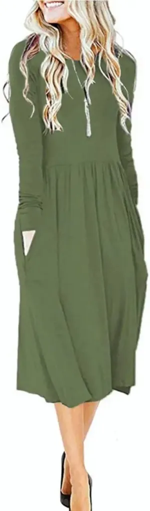 MISFAY Women's Long Sleeve Midi Dress Loose Casual Empire Waist Dresses with Pockets