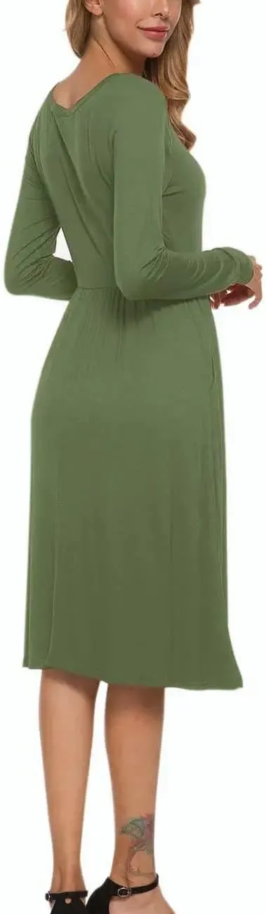 MISFAY Women's Long Sleeve Midi Dress Loose Casual Empire Waist Dresses with Pockets