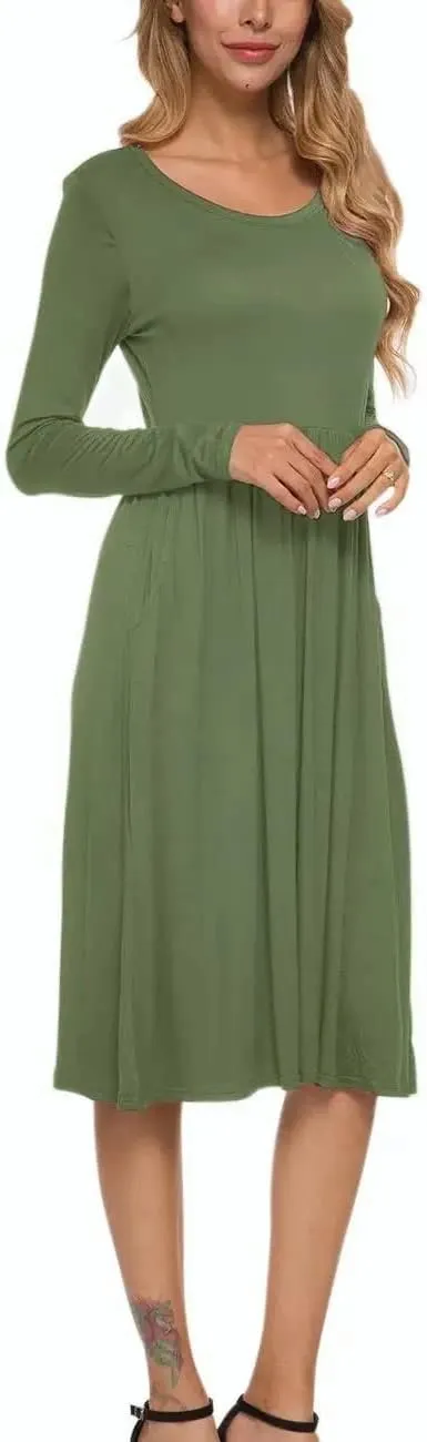 MISFAY Women's Long Sleeve Midi Dress Loose Casual Empire Waist Dresses with Pockets