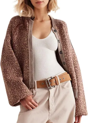 MISSACTIVER Women Leopard Print Button Down Knit Cardigan Long Sleeve Open Front Cheetah Graphic Sweater Cardigans Outwear