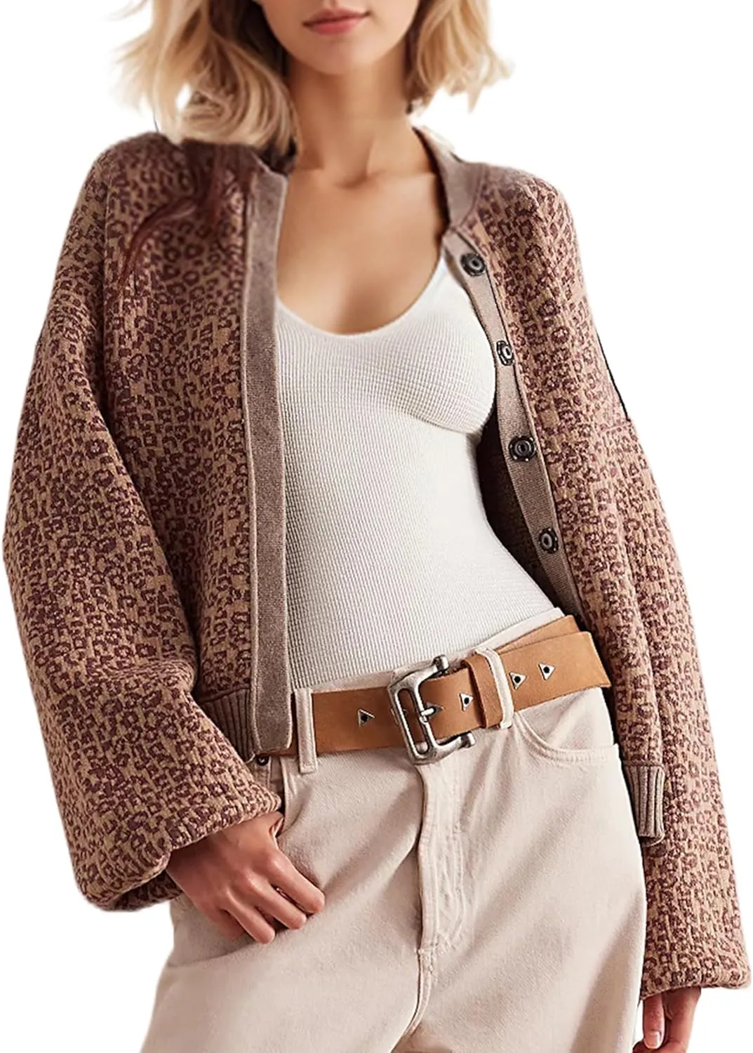 MISSACTIVER Women Leopard Print Button Down Knit Cardigan Long Sleeve Open Front Cheetah Graphic Sweater Cardigans Outwear