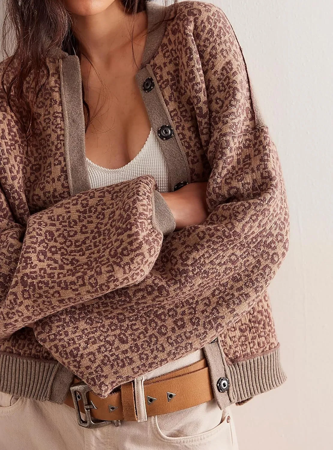 MISSACTIVER Women Leopard Print Button Down Knit Cardigan Long Sleeve Open Front Cheetah Graphic Sweater Cardigans Outwear