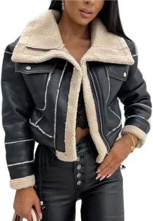 Mywinway Womens Cropped Suede Sherpa Lined Leather Jacket 2024 Fall Winter Faux Leather Bomber Aviator Biker Short Coats