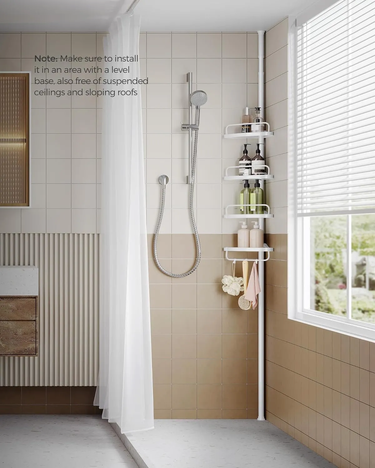 New in box! SONGMICS Shower Corner Shelf, 4-Tier Bathroom Shower Shelf, 85-305 cm Adjustable Shower Caddies, Bathroom Organizer, White