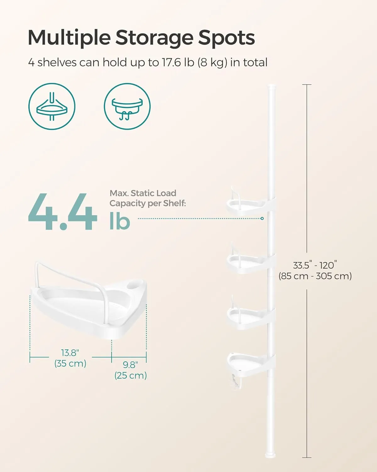 New in box! SONGMICS Shower Corner Shelf, 4-Tier Bathroom Shower Shelf, 85-305 cm Adjustable Shower Caddies, Bathroom Organizer, White