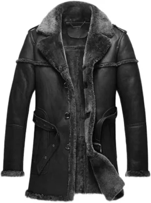 New Men's Classic Anti Winter Grey Fur Black Real Sheepskin bomber Leather Trench Duffle Coat