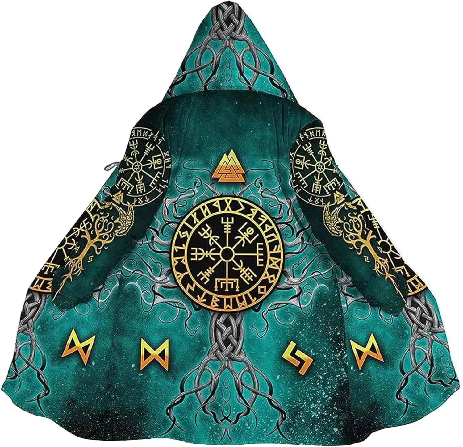 Norse Myth Nine Realms Winter Coats for Men Plus Size Viking Runes Fuzzy Soft Faux Cashmere Hooded Cloak, Parka Robe