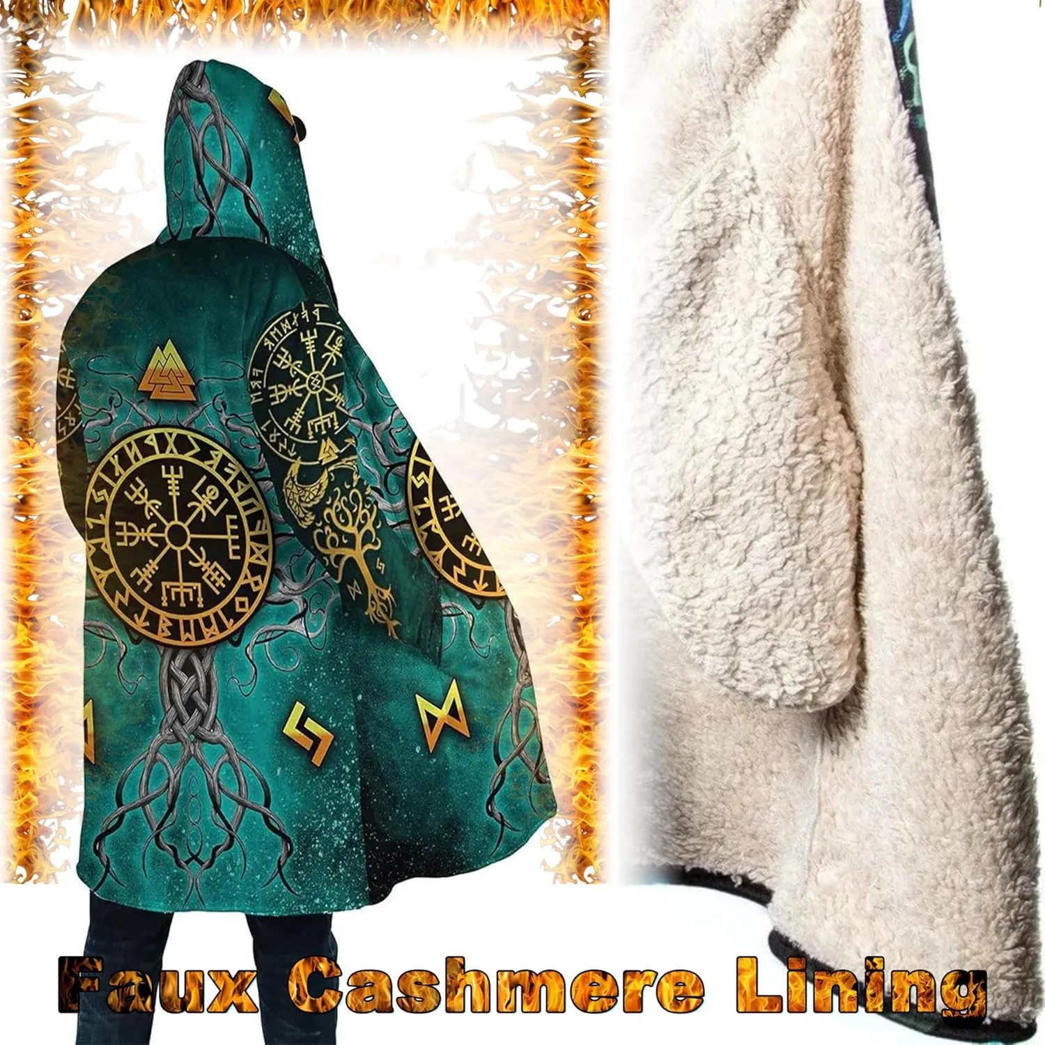 Norse Myth Nine Realms Winter Coats for Men Plus Size Viking Runes Fuzzy Soft Faux Cashmere Hooded Cloak, Parka Robe