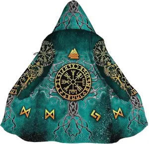 Norse Myth Nine Realms Winter Coats for Men Plus Size Viking Runes Fuzzy Soft Faux Cashmere Hooded Cloak, Parka Robe