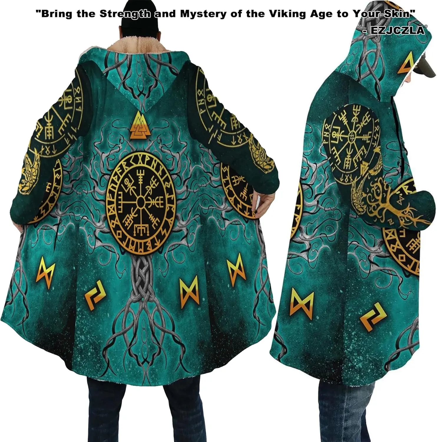 Norse Myth Nine Realms Winter Coats for Men Plus Size Viking Runes Fuzzy Soft Faux Cashmere Hooded Cloak, Parka Robe