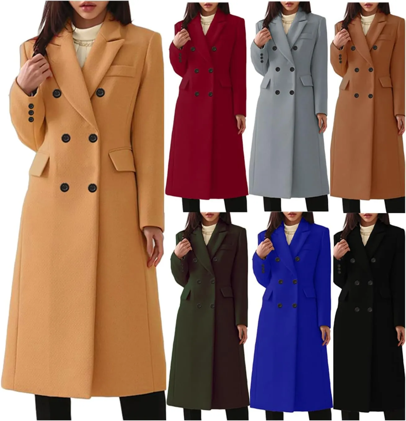 OMZIN Women Casual Elegant Long Pea Coat Wool Blend Soft Fashion Jacket Long Sleeve Lapel Jacket