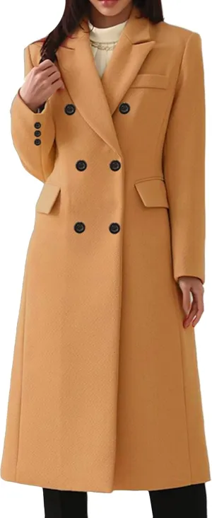 OMZIN Women Casual Elegant Long Pea Coat Wool Blend Soft Fashion Jacket Long Sleeve Lapel Jacket