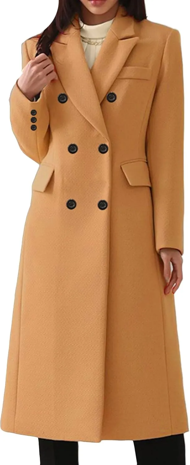 OMZIN Women Casual Elegant Long Pea Coat Wool Blend Soft Fashion Jacket Long Sleeve Lapel Jacket