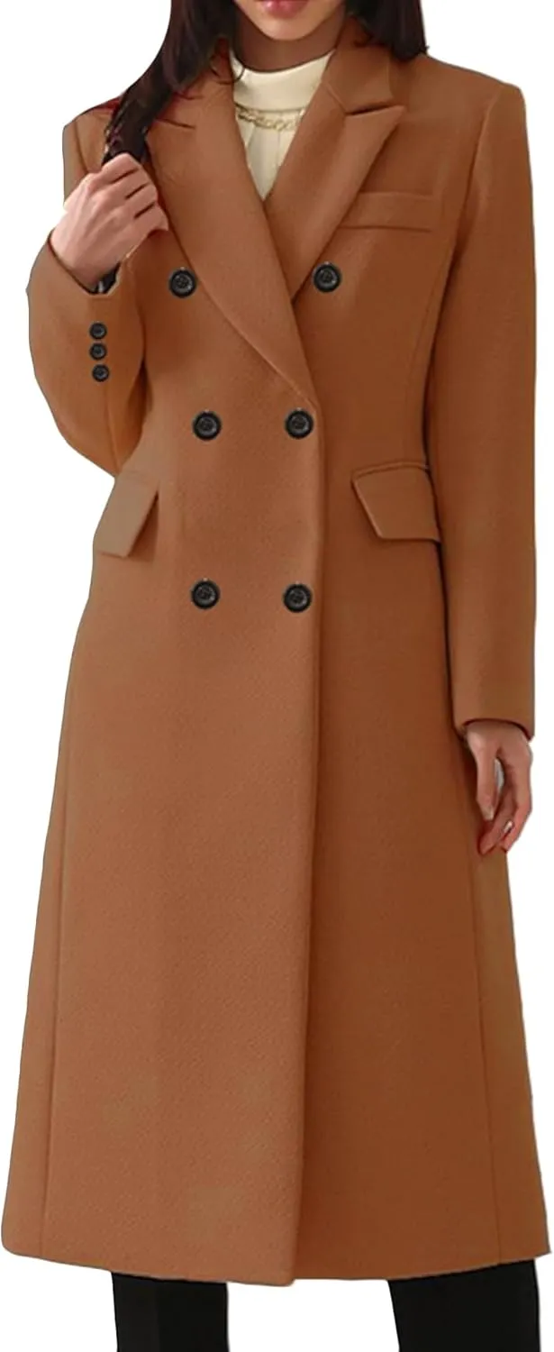 OMZIN Women Casual Elegant Long Pea Coat Wool Blend Soft Fashion Jacket Long Sleeve Lapel Jacket