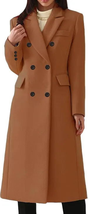 OMZIN Women Casual Elegant Long Pea Coat Wool Blend Soft Fashion Jacket Long Sleeve Lapel Jacket