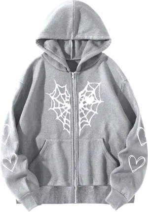 Oversized Y2K Zip Up Hoodie for Women Men Gothic Spider Web Heart Graphic Sweatshirt Punk Harajuku Alt Emo Streetwear