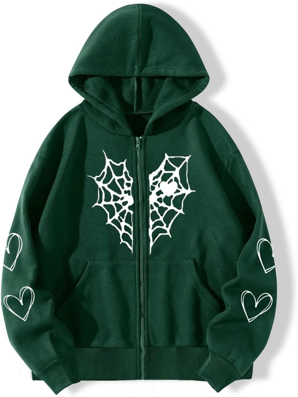 Oversized Y2K Zip Up Hoodie for Women Men Gothic Spider Web Heart Graphic Sweatshirt Punk Harajuku Alt Emo Streetwear