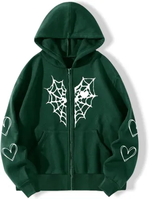 Oversized Y2K Zip Up Hoodie for Women Men Gothic Spider Web Heart Graphic Sweatshirt Punk Harajuku Alt Emo Streetwear