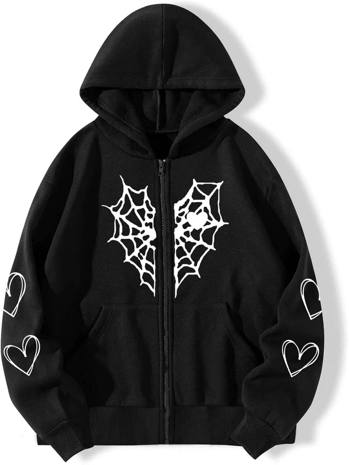 Oversized Y2K Zip Up Hoodie for Women Men Gothic Spider Web Heart Graphic Sweatshirt Punk Harajuku Alt Emo Streetwear