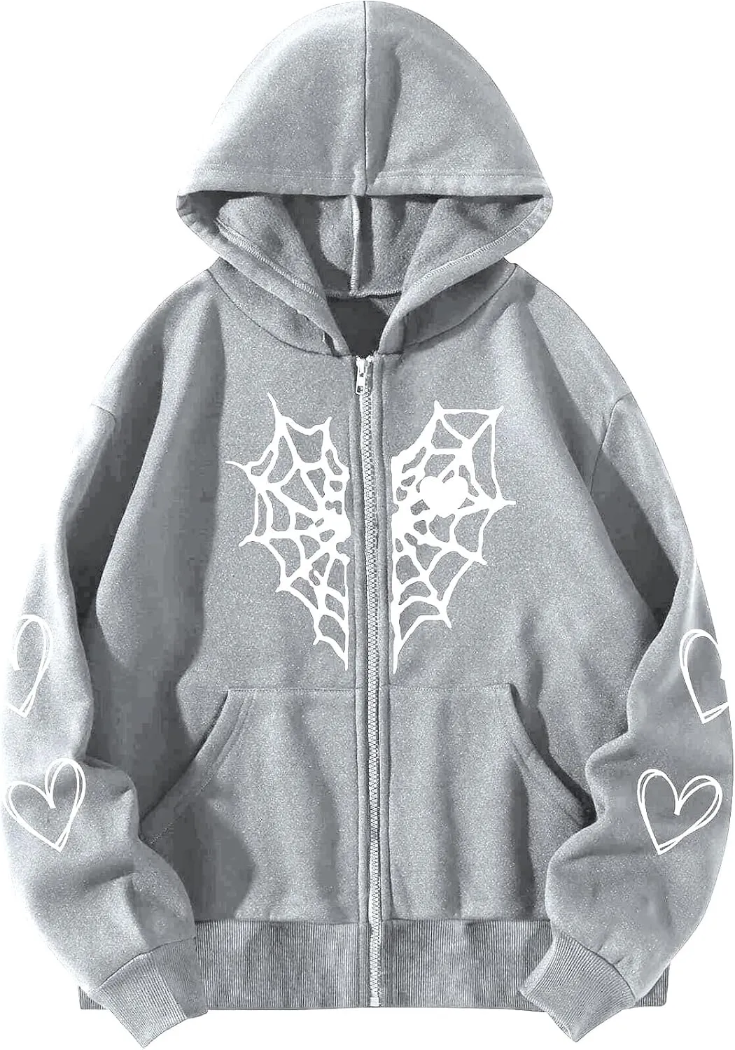 Oversized Y2K Zip Up Hoodie for Women Men Gothic Spider Web Heart Graphic Sweatshirt Punk Harajuku Alt Emo Streetwear