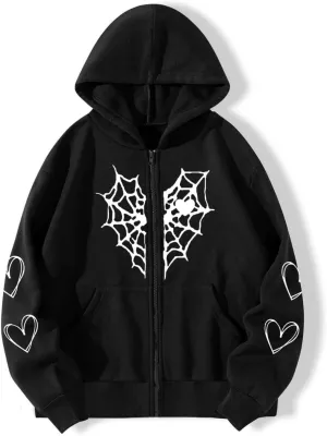 Oversized Y2K Zip Up Hoodie for Women Men Gothic Spider Web Heart Graphic Sweatshirt Punk Harajuku Alt Emo Streetwear