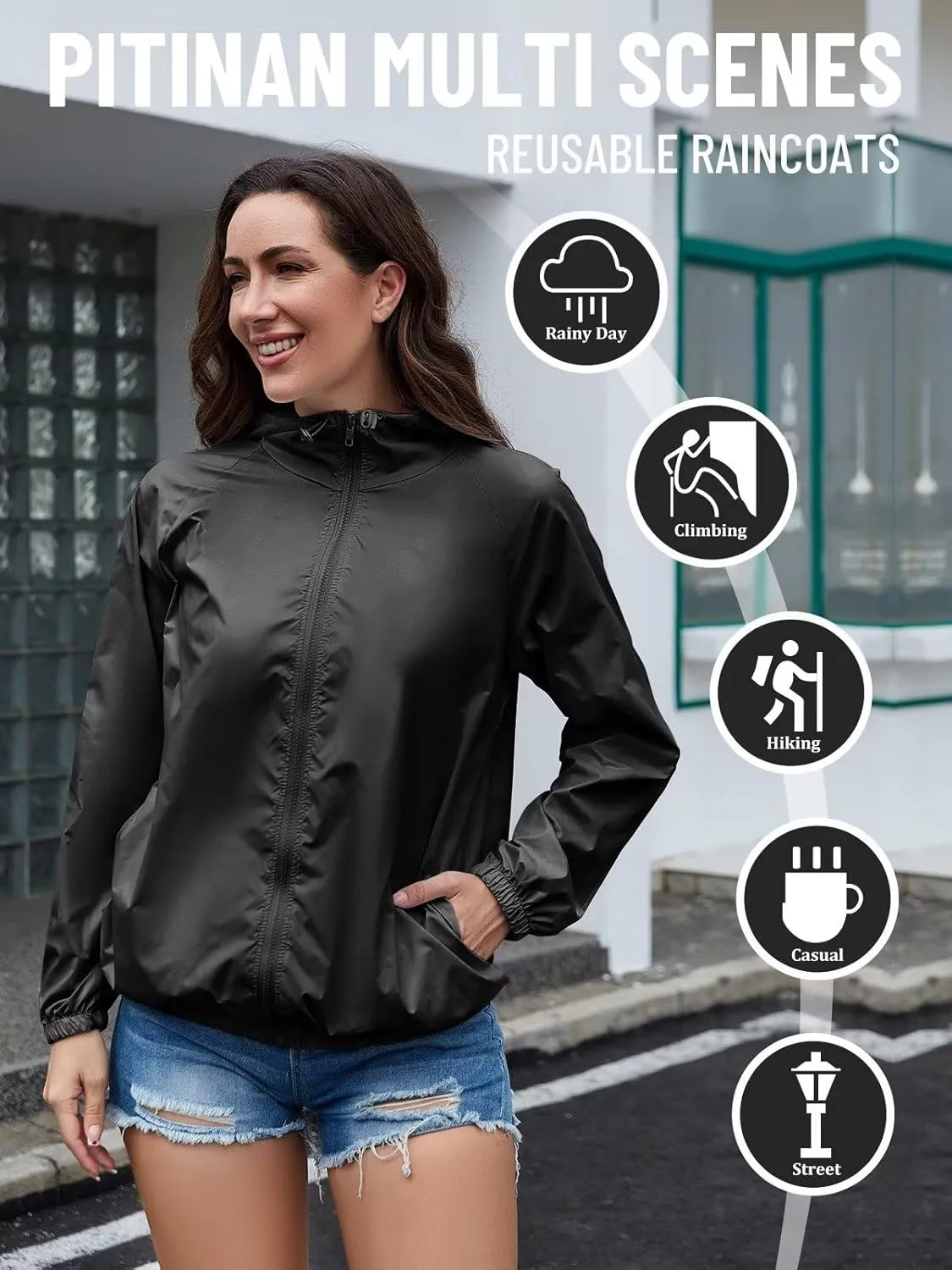 PITINAN Rain Jacket for Women Lightweight Waterproof Windbreaker Jacket Hooded Outdoor Raincoat with Pockets S-XXL