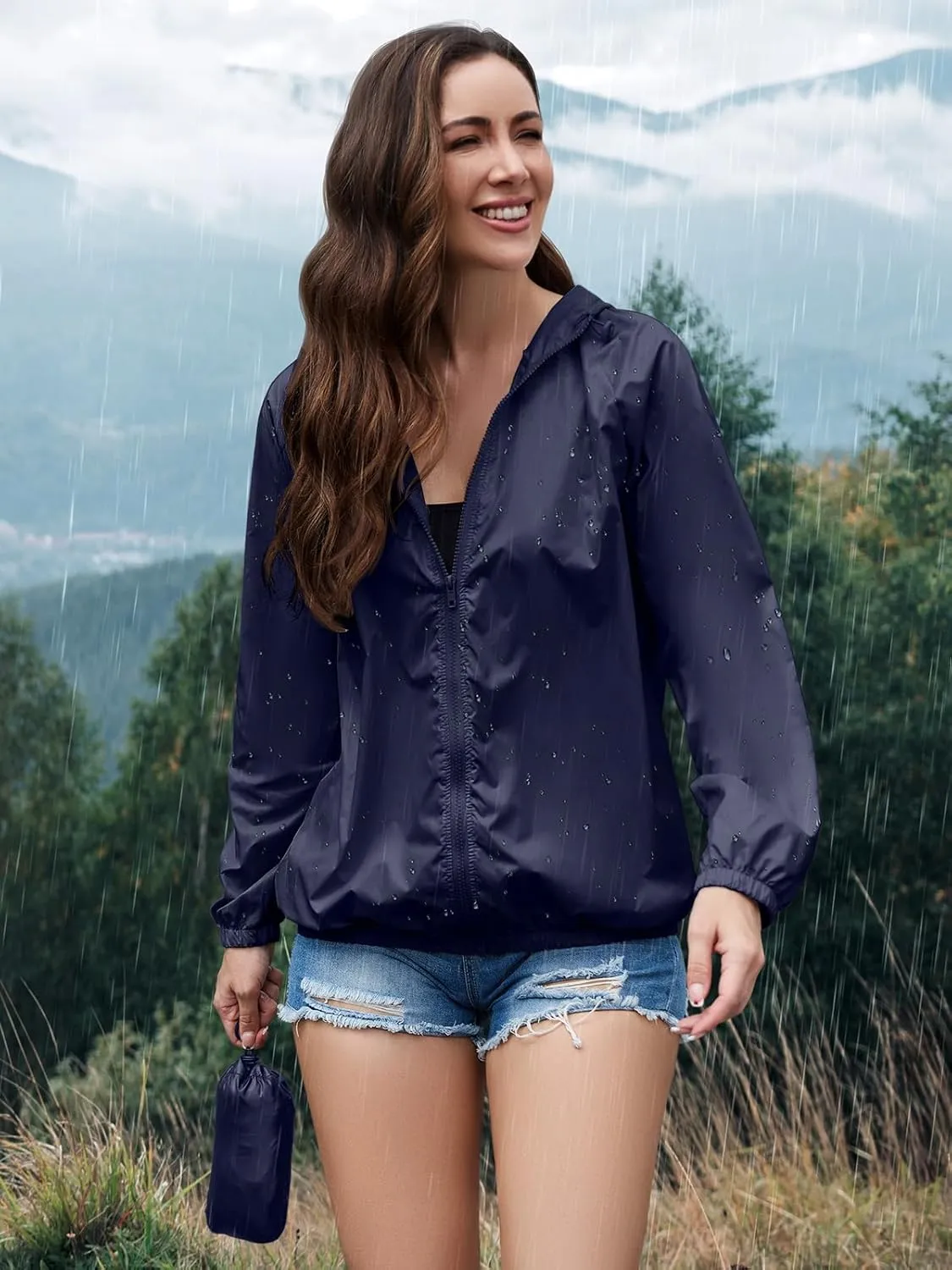 PITINAN Rain Jacket for Women Lightweight Waterproof Windbreaker Jacket Hooded Outdoor Raincoat with Pockets S-XXL