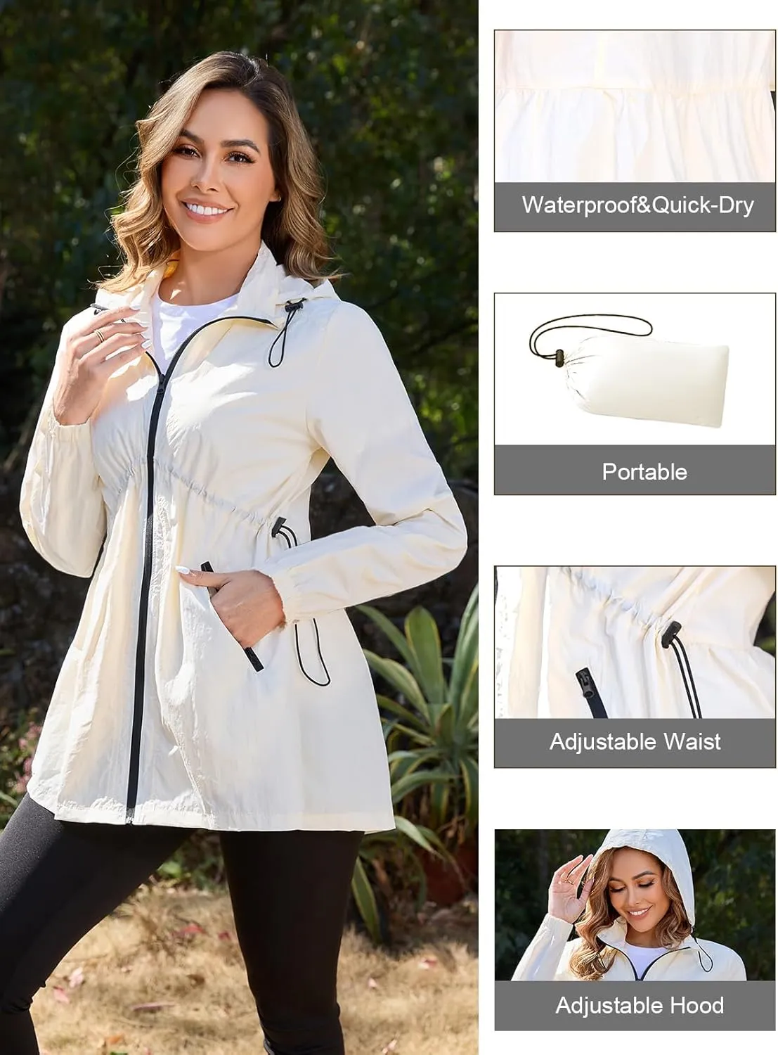PITINAN Womens Rain Jacket Lightweight Waterproof Jacket With Hood Outdoor Packable Raincoat with Pockets S-XXL