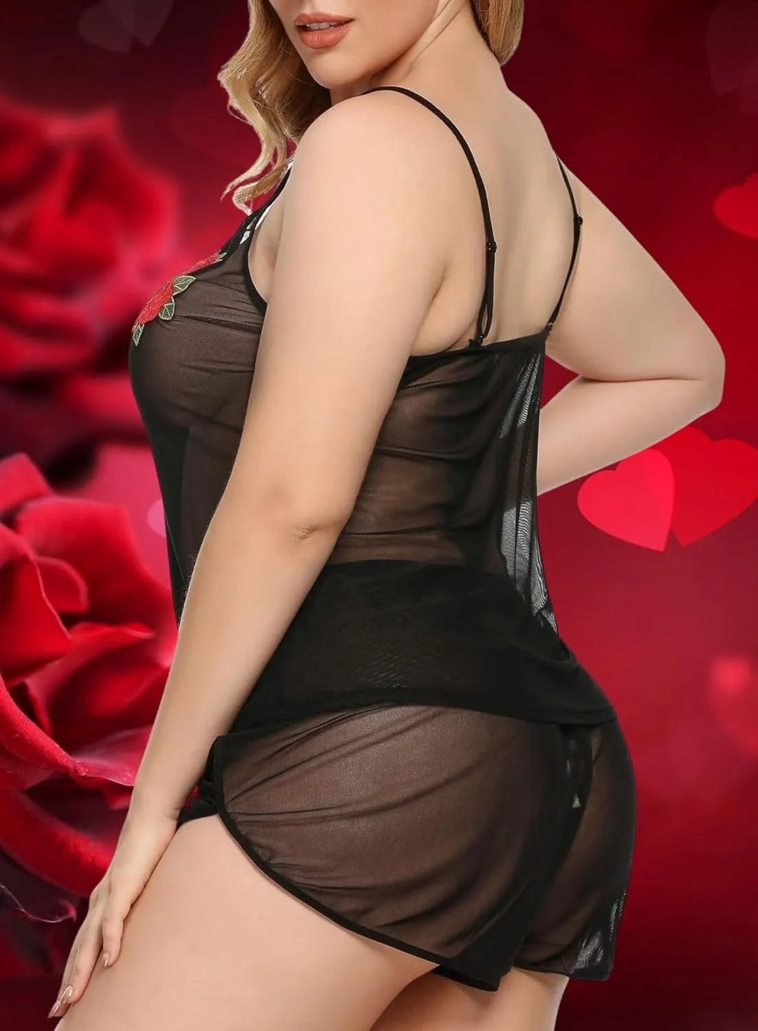 Plus Size Lingerie for Women, Sexy See Through Rose Cami Set Sheer Mesh Top Short Pajamas Sleepwear