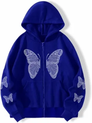 POHADON Women's Y2k Butterfly Zip Up Hoodie Oversized Graphic Print Sweatshirt Vintage Baggy Grunge Aesthetic Alt Emo Jackets