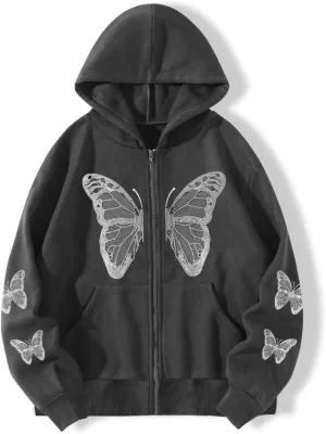 POHADON Women's Y2k Butterfly Zip Up Hoodie Oversized Graphic Print Sweatshirt Vintage Baggy Grunge Aesthetic Alt Emo Jackets