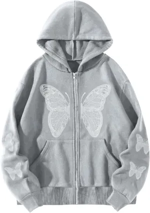 POHADON Women's Y2k Butterfly Zip Up Hoodie Oversized Graphic Print Sweatshirt Vintage Baggy Grunge Aesthetic Alt Emo Jackets