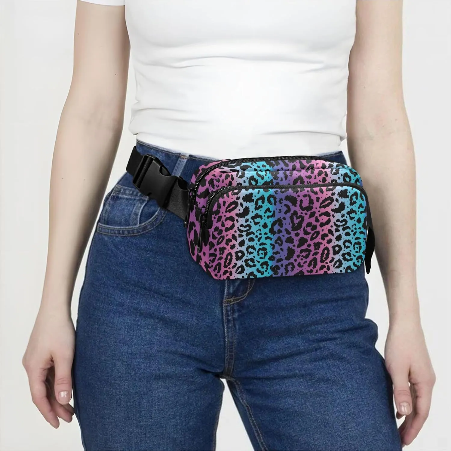 Pretty Colorful Leopard Print Womens Fanny Pack Waterproof Hip Pack Belt Bag Bright Travel Waist Bag