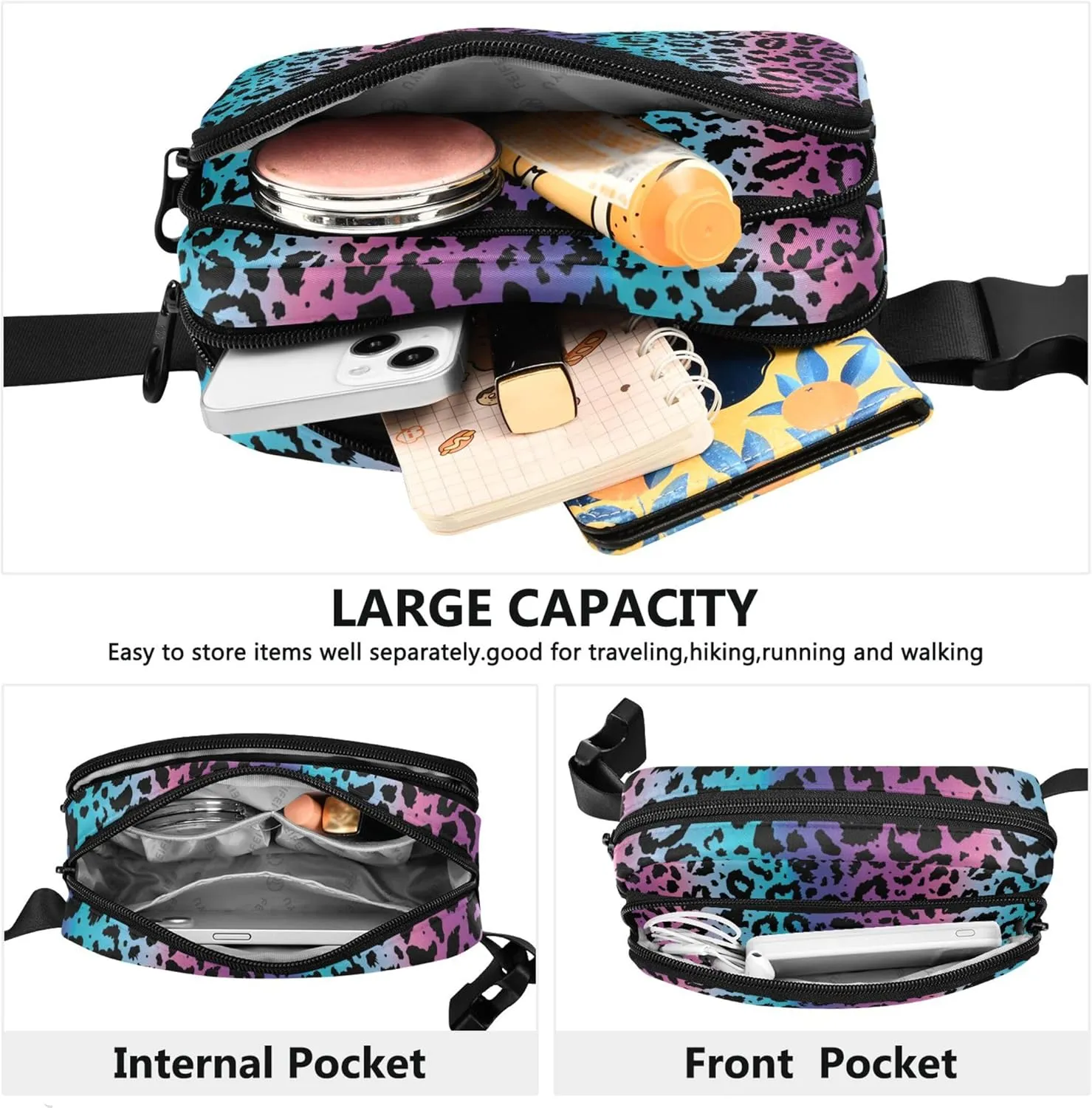 Pretty Colorful Leopard Print Womens Fanny Pack Waterproof Hip Pack Belt Bag Bright Travel Waist Bag