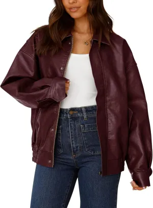 PRETTYGARDEN Women's Faux Leather Motorcycle Jacket Trendy Fall Spring Clothes Oversized Zip Up Winter Coat Outerwear