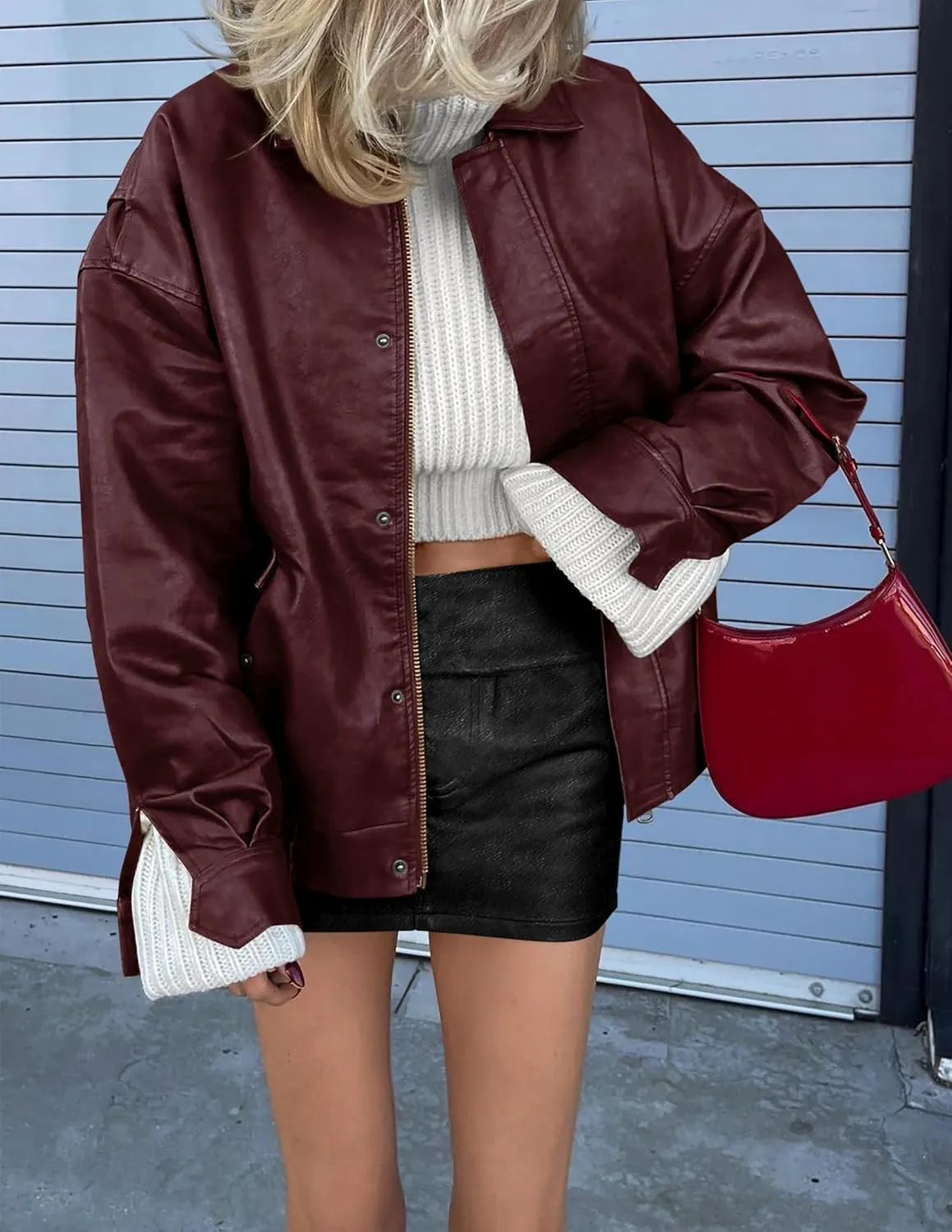 PRETTYGARDEN Women's Faux Leather Motorcycle Jacket Trendy Fall Spring Clothes Oversized Zip Up Winter Coat Outerwear