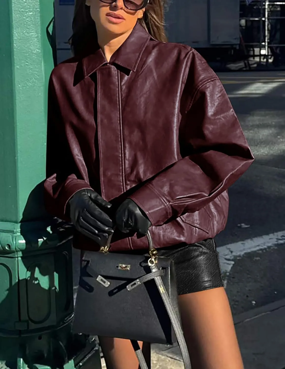 PRETTYGARDEN Women's Faux Leather Motorcycle Jacket Trendy Fall Spring Clothes Oversized Zip Up Winter Coat Outerwear