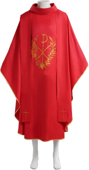 Priest Celebrant Chasuble Catholic Church Father Mass Gold Embroidery Vestments Robe Cloak with Shawl for Halloween Cosplay
