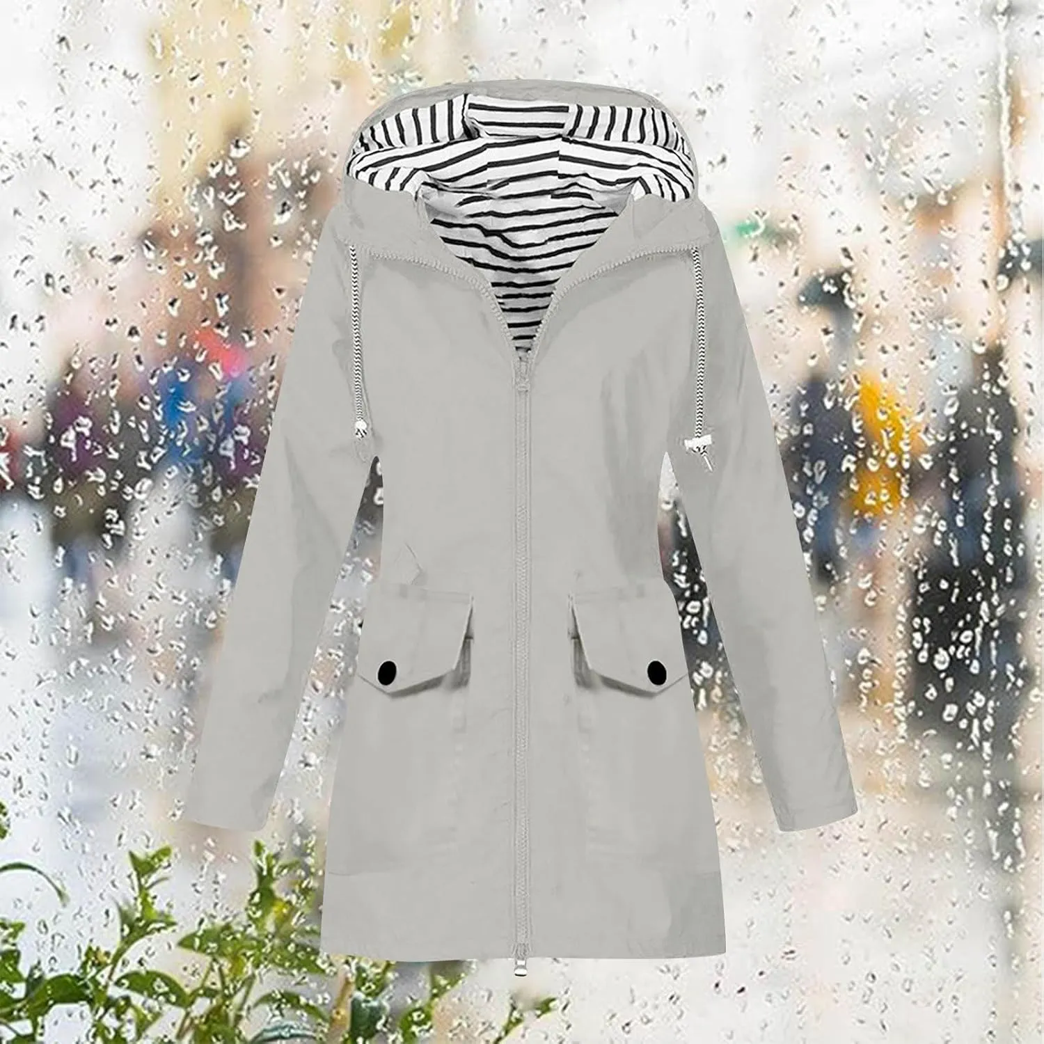 Rain Jackets for Women Waterproof Hooded Anoraks Lightweight Trench Coat Solid WindBreaker Fall Outfits with Pockets