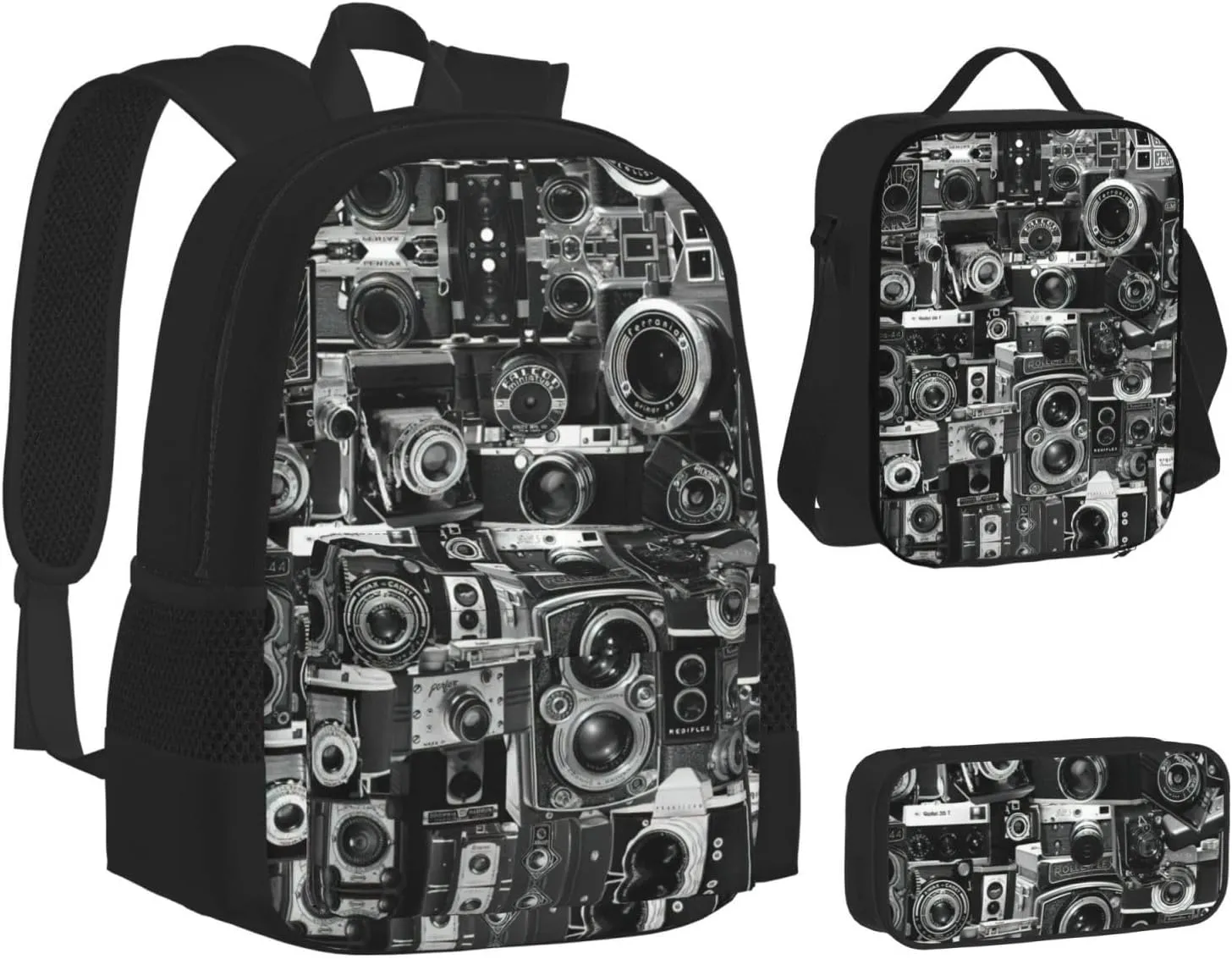 Retro Cool Camera Collection Lightweight Backpack For Backpack With Insulated Lunch Tote And Pencil Case Bag Set