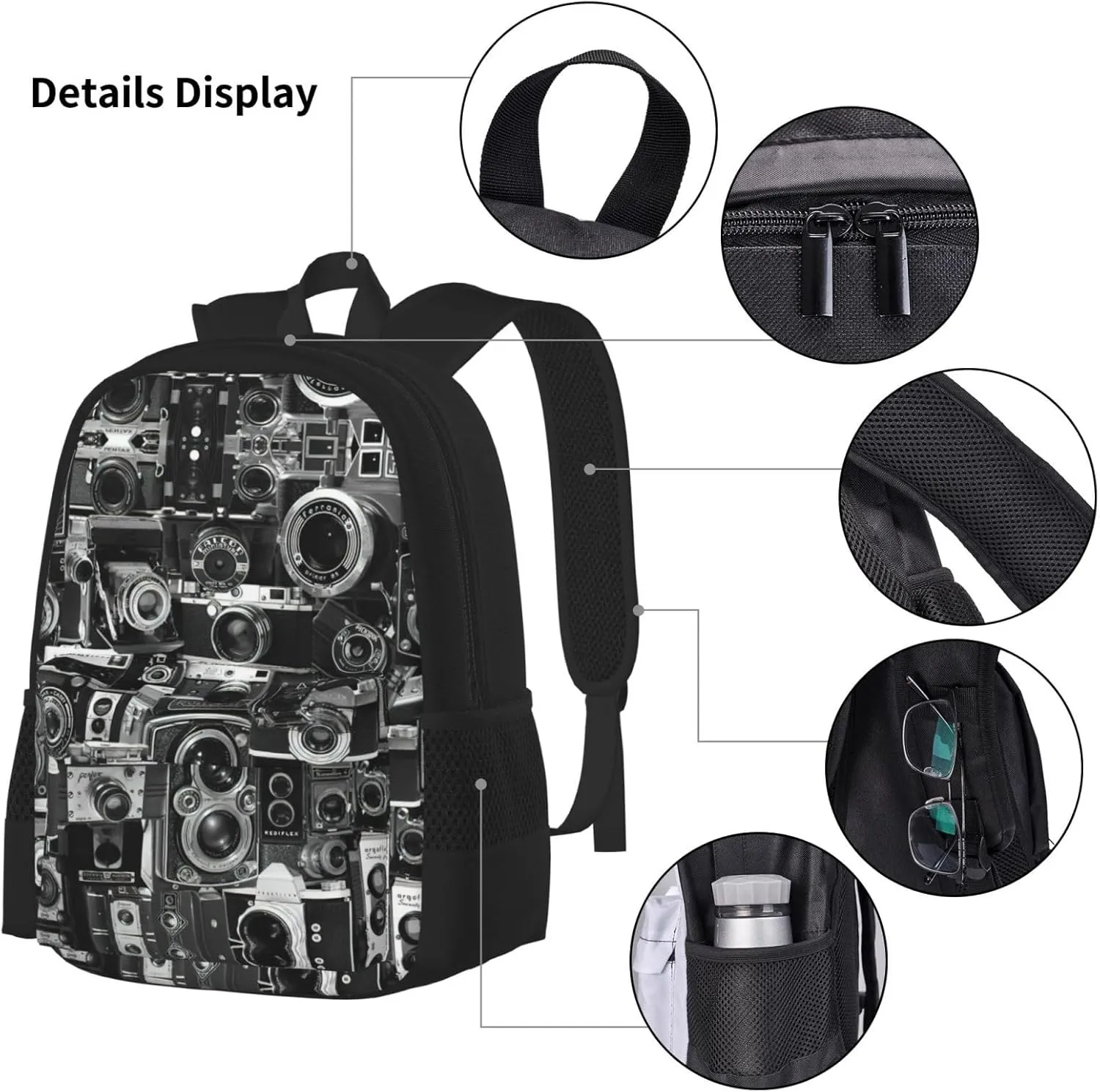 Retro Cool Camera Collection Lightweight Backpack For Backpack With Insulated Lunch Tote And Pencil Case Bag Set