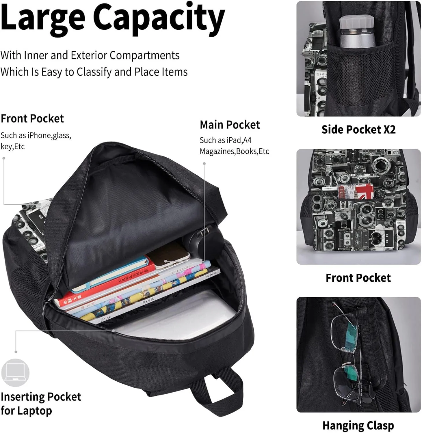 Retro Cool Camera Collection Lightweight Backpack For Backpack With Insulated Lunch Tote And Pencil Case Bag Set